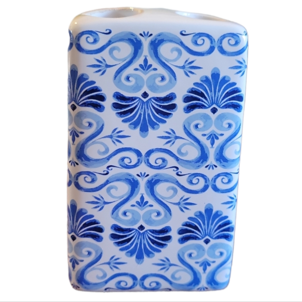 HOST PICK 😀 Vtg Toothbrush Holder Porcelain White & Blue 4 Holes